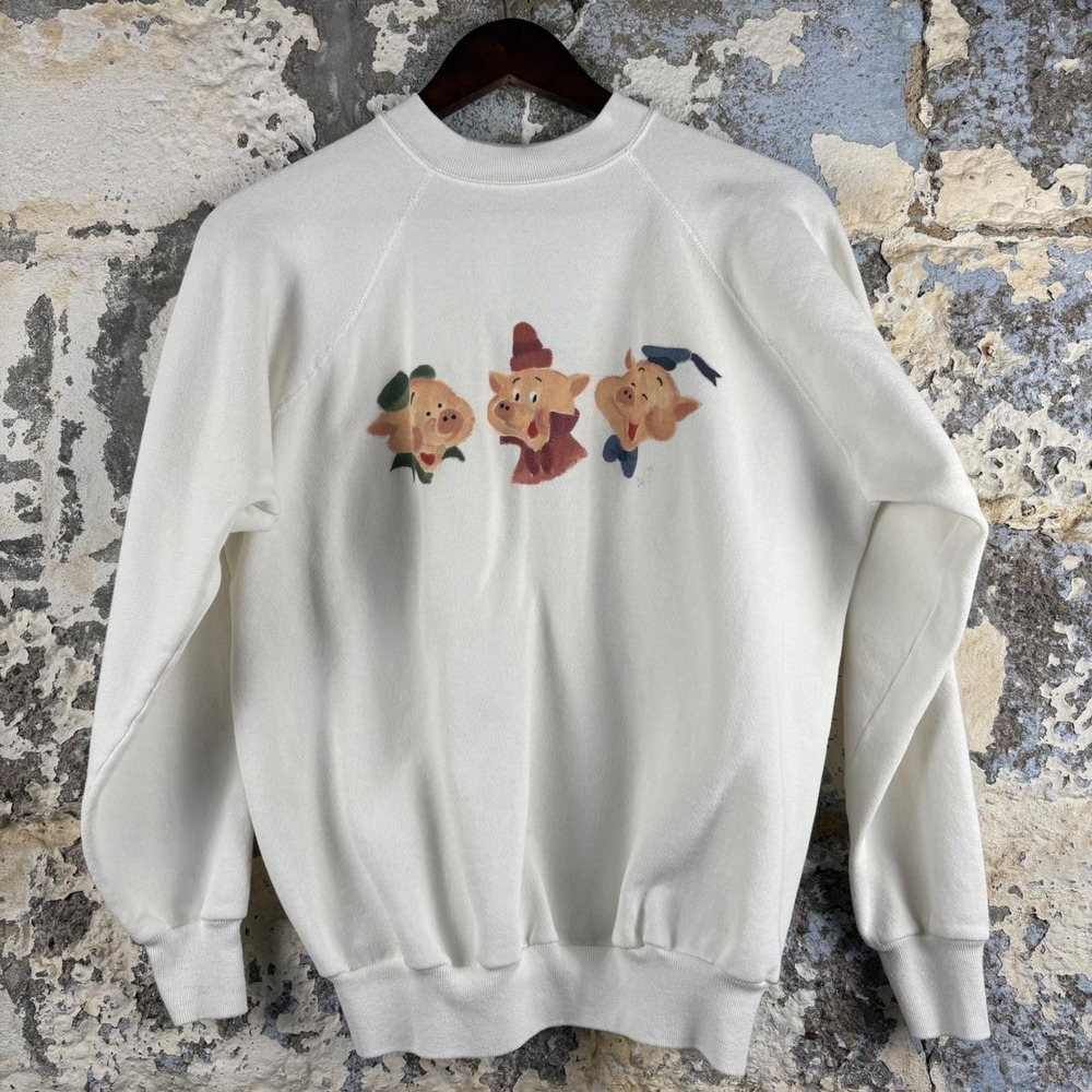 Unbranded Three Little Pigs Sweatshirt Women XL Cream Good Vintage 90s Raglan